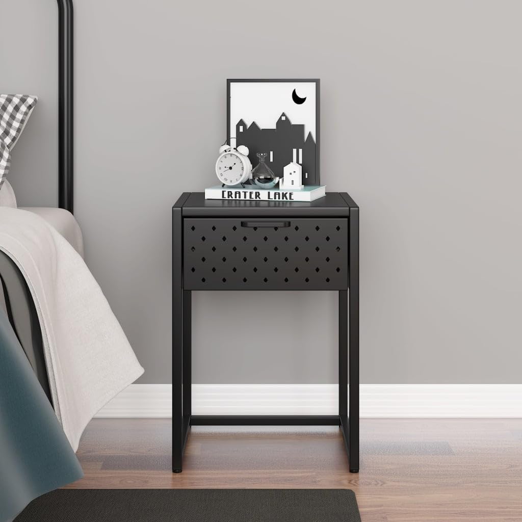vidaXL Nightstand - Modern Steel Bedside Table with Drawer, Adjustable Height, Bedroom Furniture, Anthracite, Rectangular, 15"x13.8"x21.3".